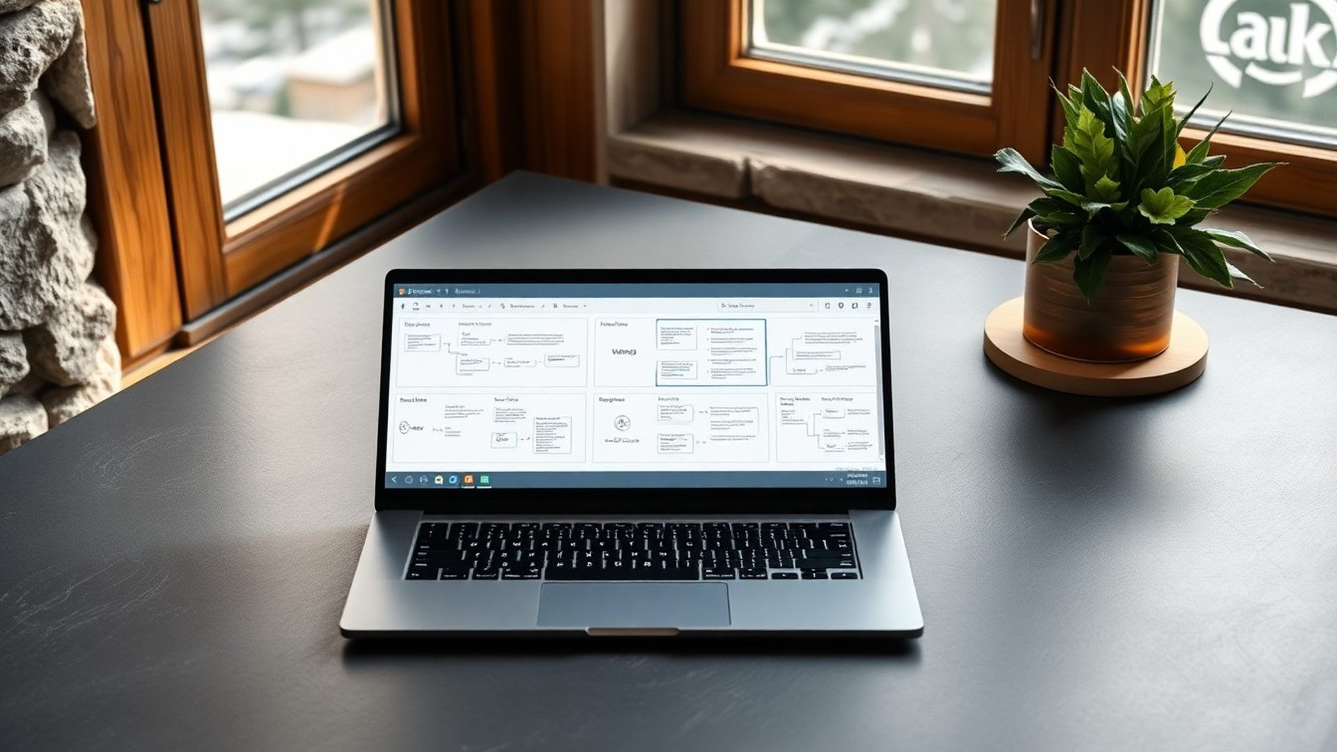 Miren delovni prostor Studia Zupančič — odprt laptop na temnem pisalniku z diagrami delovnih procesov